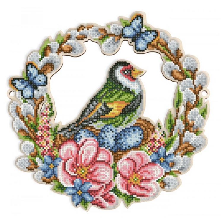 Набор для вышивания бисером WoodStitch "Пасхальный венок. Весенняя птичка", 26х26, SH-019